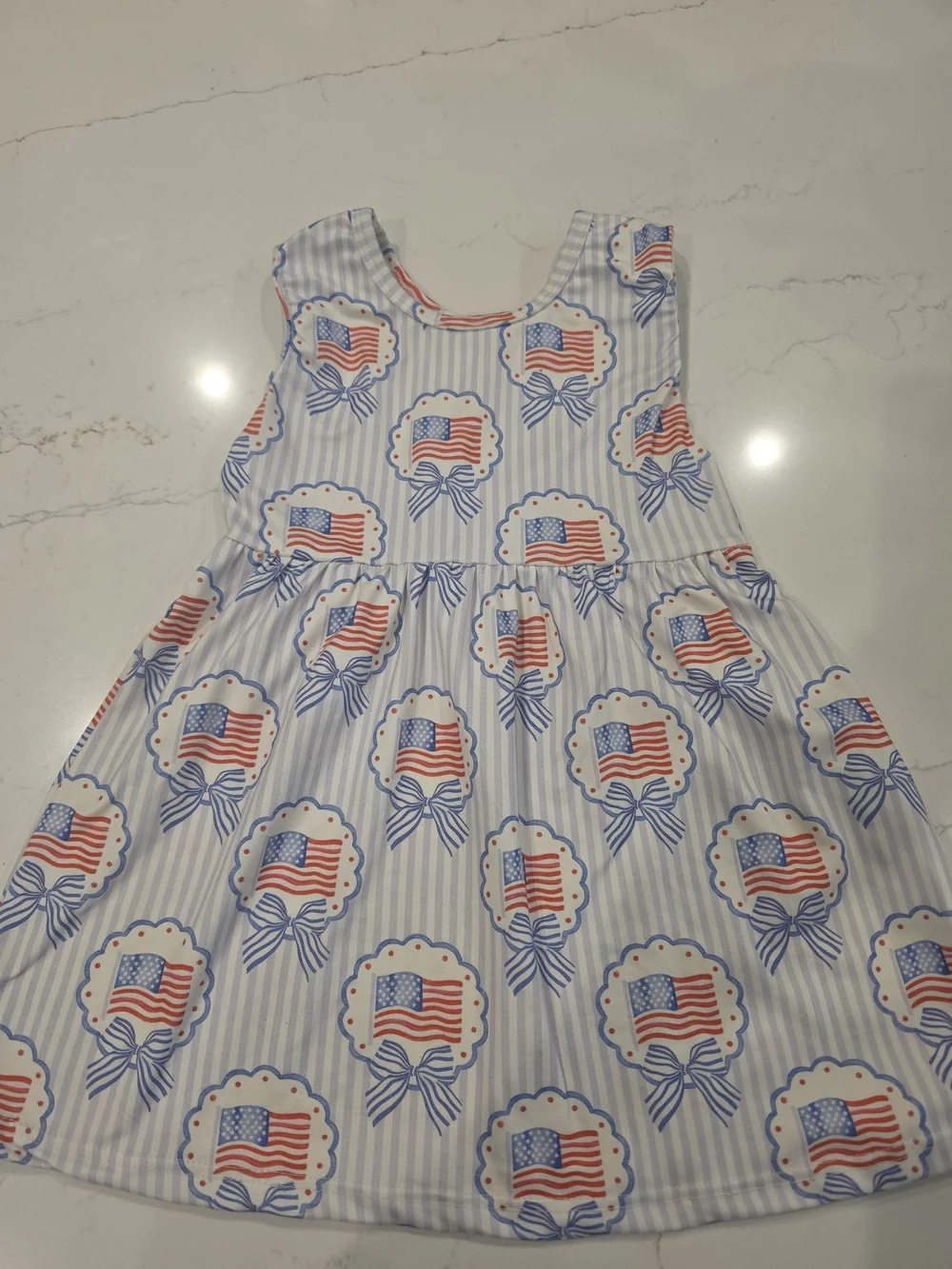 Girls' Patriotic Blue & White Flags With Bows Print Dress